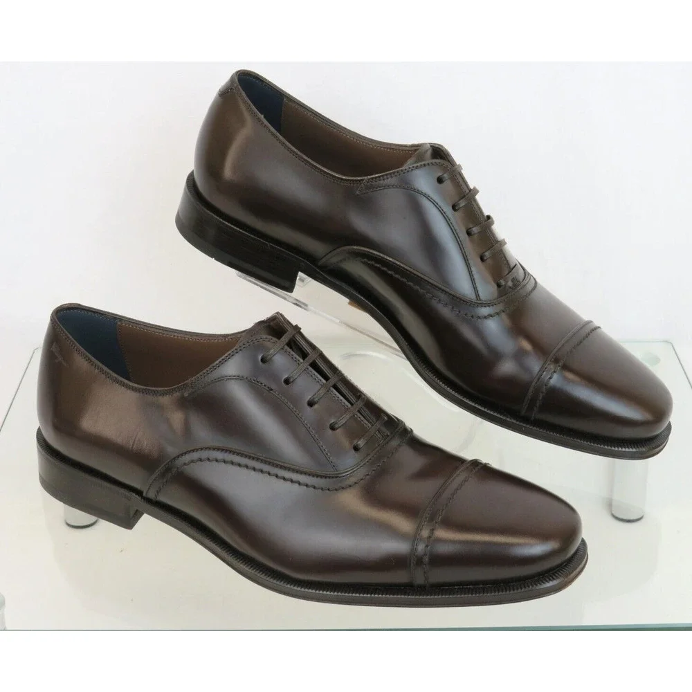 NIB FERRAGAMO SEUL DARK BROWN POLISHED LEATHER CAP TOE LOGO OXFORDS 12 D